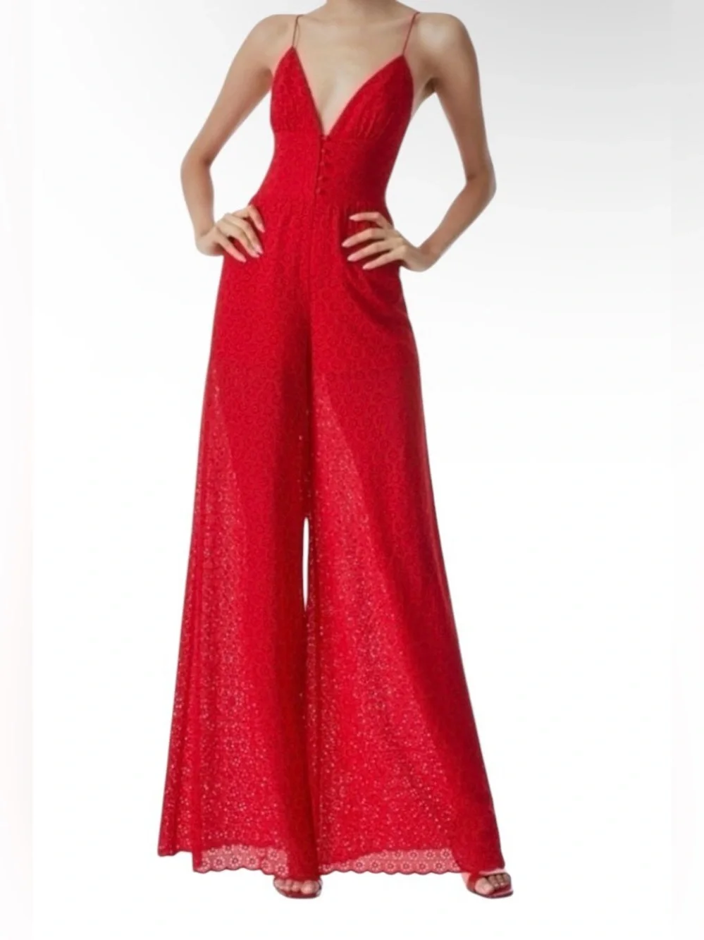 Alice + Olivia Women’s Red Eyelet Lace V-Neck Wide-Leg Jumpsuit 8